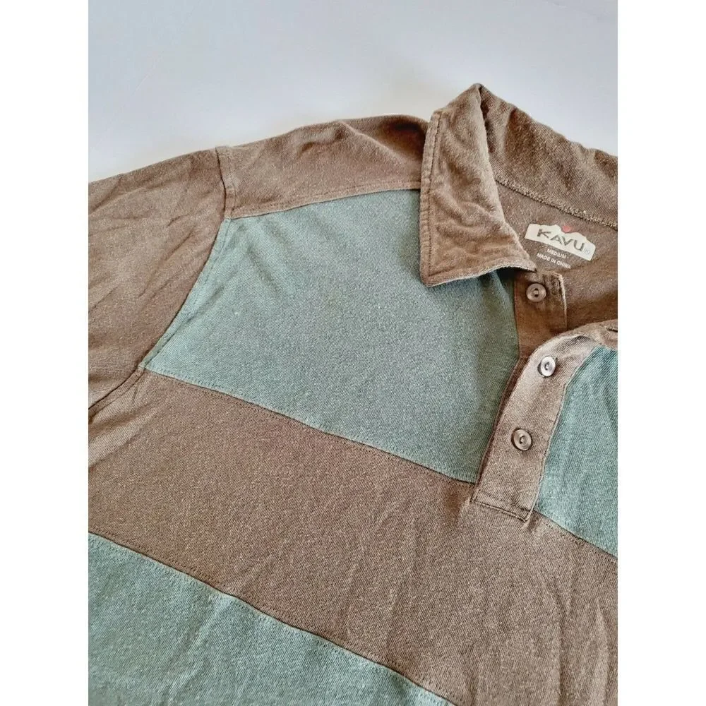 KAVU Men's Bamboo Polo Shirt Striped Short Sleeve Sz Medium Brown/Green